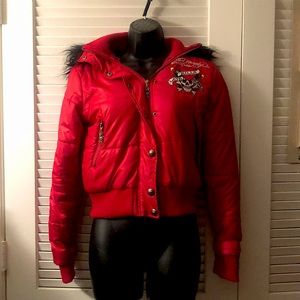 Women’s Ed Hardy LOVE KILLS SLOWLY Red Puffy Jacket - Size Small